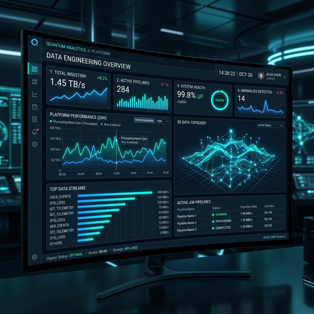 Sleek modern data dashboard with neon blue charts